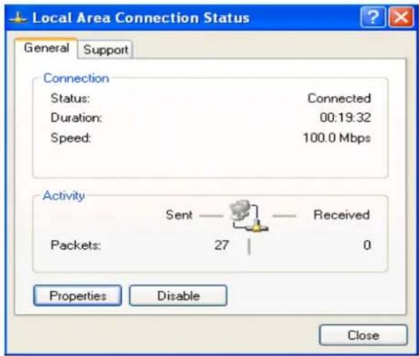 Local Area Connection Status General Support Connection Status: Connected Duration: 00:19:32 Speed: 100.0 Mbps Activity Sent — Received Packets: 27 0 Properties Disable Close