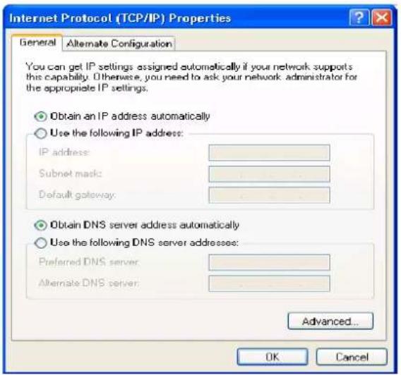 Internet Protocol (TCP/IP) Properties General Alternate Configuration You can get IP settings assigned automatically if your network supports this capability. Otherwise, you need to ask your network administrator for the appropriate IP settings. Obtain an IP address automatically Use the following IP address: IP address: Subnet mask: Default gateway: Obtain DNS server address automatically Use the following DNS server addresses: Preferred DNS server: Alternate DNS server: Advanced... OK Cancel
