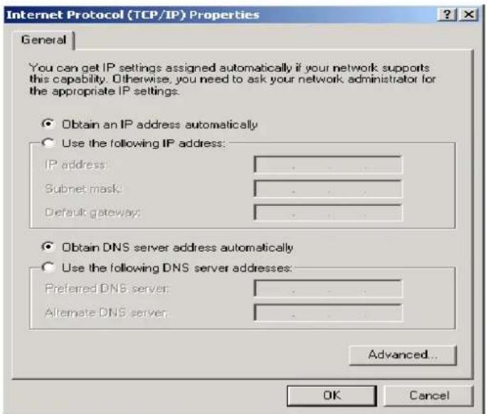 Internet Protocol (TCP/IP) Properties General You can get IP settings assigned automatically if your network supports this capability. Otherwise, you need to ask your network administrator for the appropriate IP settings. Obtain an IP address automatically Use the following IP address: IP address: Subnet mask: Default gateway: Obtain DNS server address automatically Use the following DNS server addresses: Preferred DNS server: Alternate DNS server: Advanced... OK Cancel