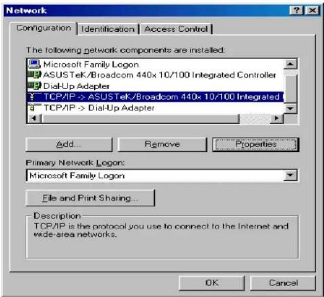Network Configuration Identification Access Control The following network components are installed: Microsoft Family Logon ASUSTeK/Broadcom 440x 10/100 Integrated Controller Dial-Up Adapter TCP/IP -> ASUSTeK/Broadcom 440x 10/100 Integrated TCP/IP -> Dial-Up Adapter Add... Remove Properties Primary Network Logon: Microsoft Family Logon File and Print Sharing... Description TCP/IP is the protocol you use to connect to the Internet and wide-area networks. OK Cancel