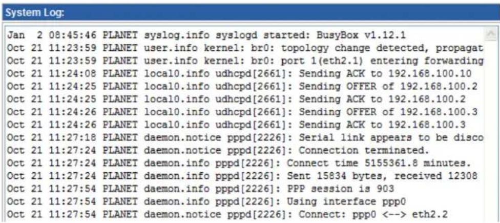 Jan 2 08:45:46 PLANET syslog.info syslogd started: BusyBox v1.12.1 Oct 21 11:23:59 PLANET user.info kernel: br0: topology change detected, propagat Oct 21 11:23:59 PLANET user.info kernel: br0: port 1(eth2.1) entering forwarding Oct 21 11:24:08 PLANET local0.info udhcpd[2661]: Sending ACK to 192.168.100.10 Oct 21 11:24:25 PLANET local0.info udhcpd[2661]: Sending OFFER of 192.168.100.2 Oct 21 11:24:25 PLANET local0.info udhcpd[2661]: Sending ACK to 192.168.100.2 Oct 21 11:24:26 PLANET local0.info udhcpd[2661]: Sending OFFER of 192.168.100.3 Oct 21 11:24:26 PLANET local0.info udhcpd[2661]: Sending ACK to 192.168.100.3 Oct 21 11:27:18 PLANET daemon.notice pppd[2226]: Serial link appears to be disco Oct 21 11:27:24 PLANET daemon.notice pppd[2226]: Connection terminated. Oct 21 11:27:24 PLANET daemon.info pppd[2226]: Connect time 5155361.8 minutes. Oct 21 11:27:24 PLANET daemon.info pppd[2226]: Sent 15834 bytes, received 12308 Oct 21 11:27:54 PLANET daemon.info pppd[2226]: PPP session is 903 Oct 21 11:27:54 PLANET daemon.info pppd[2226]: Using interface ppp0 Oct 21 11:27:54 PLANET daemon.notice pppd[2226]: Connect: ppp0 <--> eth2.2