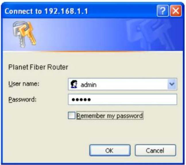 Connect to 192.168.1.1 Planet Fiber Router User name: admin Password: ******** Remember my password OK Cancel