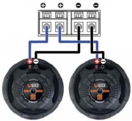 Diagram showing two speakers connected to a power supply unit with labeled terminals and power connections