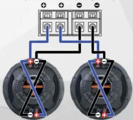 Diagram showing two speakers connected to a power grid with labeled terminals and light indicators