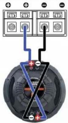 Diagram showing speaker connections with labeled terminals and power lines, likely illustrating a physical or electrical setup.