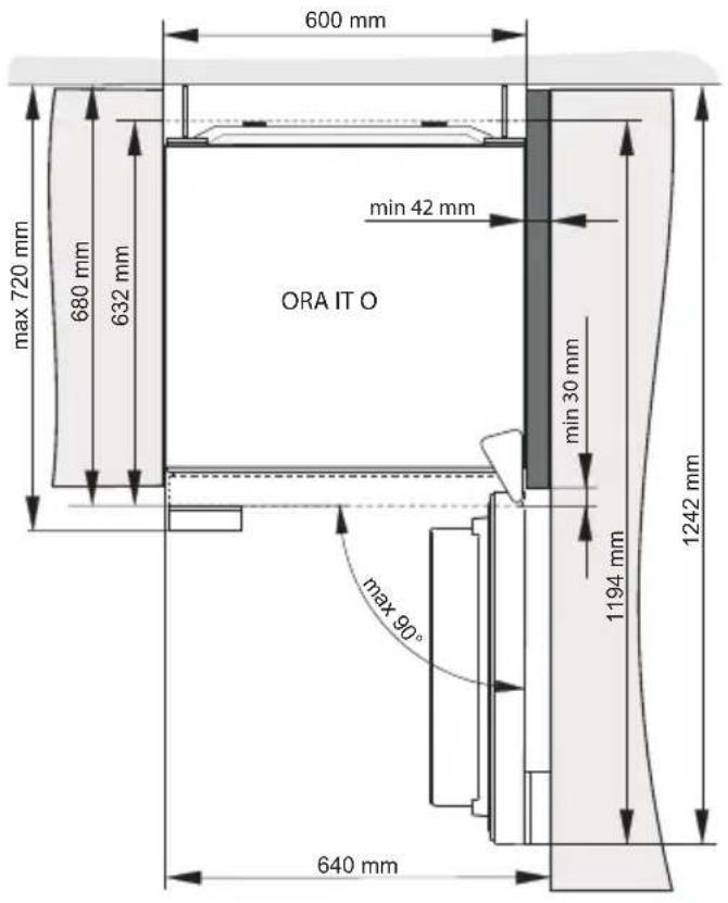 600 mm max 720 mm 680 mm 632 mm min 42 mm ORA IT O min 30 mm 1194 mm 1242 mm max 90° 640 mm