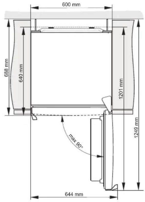 600 mm 688 mm 640 mm 1201 mm 1249 mm max 90° 644 mm
