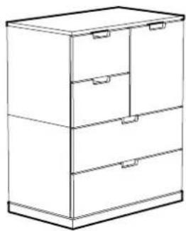 Line drawing of a three-tiered cabinet or filing cabinet with drawers and drawers (no text or symbols)