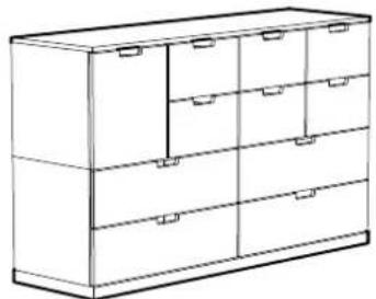 Line drawing of a multi-level cabinet or storage unit with drawers and drawers (no text or symbols)