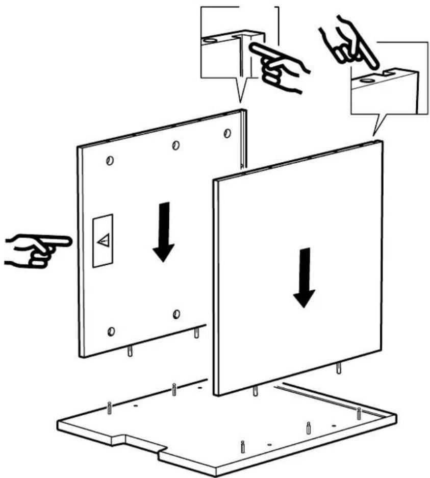 Diagram illustrating a door panel installation procedure with labeled components and directional arrows indicating movement.