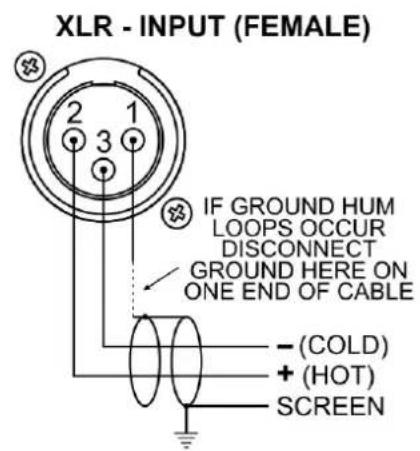 XLR - INPUT (FEMALE) IF GROUND HUM LOOPS OCCUR DISCONNECT GROUND HERE ON ONE END OF CABLE - (COLD) + (HOT) SCREEN