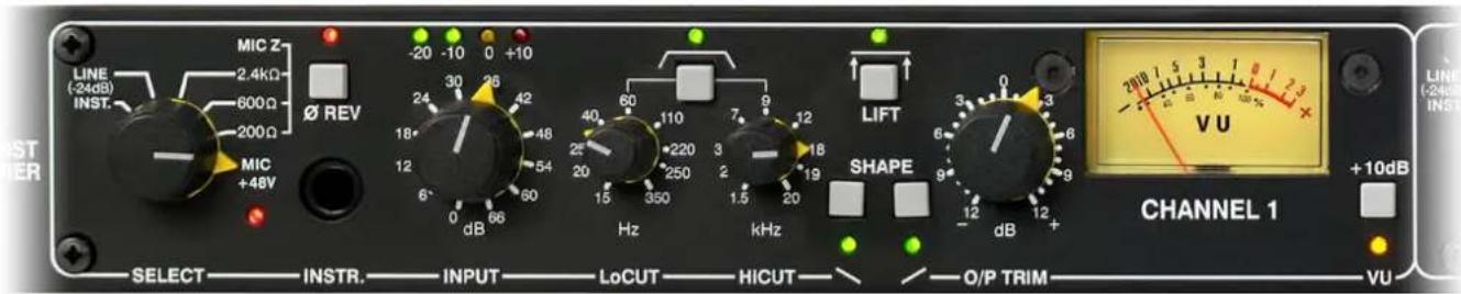 LINE (-24dB) INST. MIC Z 2.4kΩ 600Ω 200Ω Ø REV 24 30 26 42 18° 12 6° 0 dB 48 54 60 40 25 20 15 350 Hz kHz LIFT SHAPE 9 12 dB + 20dB 7 5 3 1 8 2 3 V U CHANNEL 1 +10dB SELECT INSTR. INPUT LoCUT HICUT O/P TRIM VU
