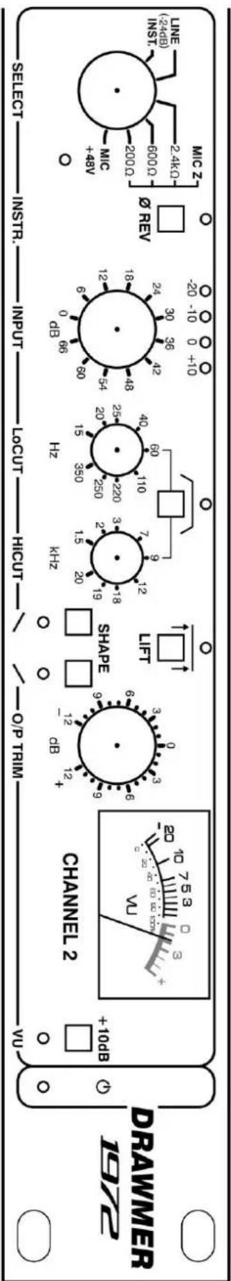 DRAWMER 19/2 +10dB CHANNEL 2 SHAPE LIFT Select—INSTR.—INPUT—LOCUT—HICUT—/ —O/P TRIM -20 -10 0 +10 -20 -10 0 +10 INST. 2.4kΩ MIC Z LINE (24dB) MIC +48V 200Ω 600Ω 2.4kΩ INST.