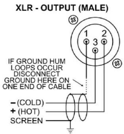 XLR - OUTPUT (MALE) IF GROUND HUM LOOPS OCCUR DISCONNECT GROUND HERE ON ONE END OF CABLE - (COLD) + (HOT) SCREEN