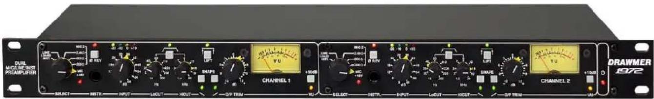 DUAL MICR/MINIST PLEAMPUER SELECT INSTR INPUT LOUT HOUT DIP THM CHANNEL 1 +100 SELECT INSTR INPUT LOUT HOUT DIP THM CHANNEL 2 DRAWMER 1972