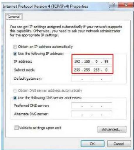 Internet Protocol Version 4 (TCP/IPv4) Properties Camera You can get IP settings assigned automatically if your network supports this capability. Otherwise, you need to ask your network administrator for the appropriate IP settings. Obtain an IP address automatically Use the following IP address: IP address: 192 , 168 , 0 , 99 Subnet mask: 255 , 255 , 255 , 0 Default gateway: Obtain DNS server address automatically Use the following DNS server addresses: Preferred DNS server: . Alternate DNS server: . Validate settings upon exit Advanced... OK Cancel