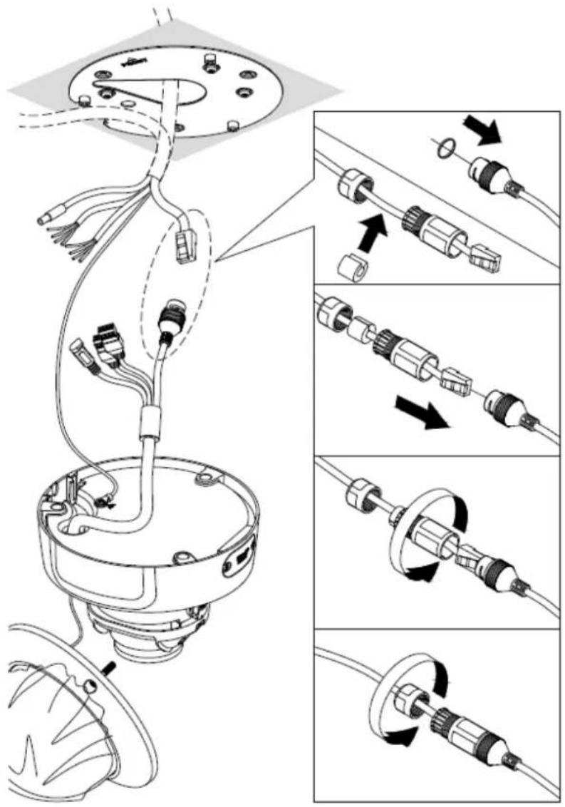 Technical diagram illustrating cable assembly and adjustment steps for a mechanical device, with labeled components and directional arrows.
