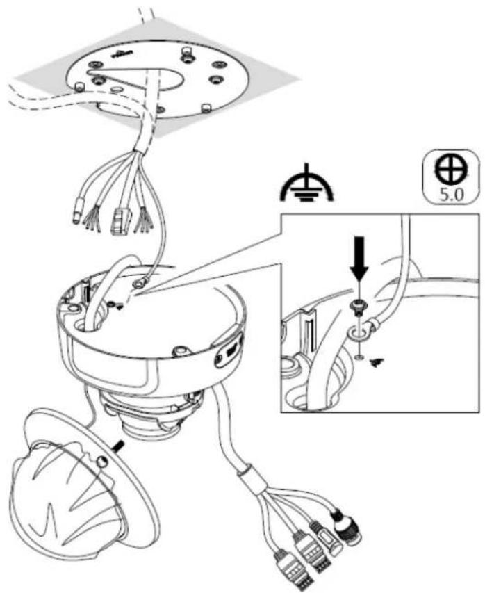 Technical diagram showing cable installation and wiring connection for a ceiling lamp, with magnified detail highlighting component 5.0.