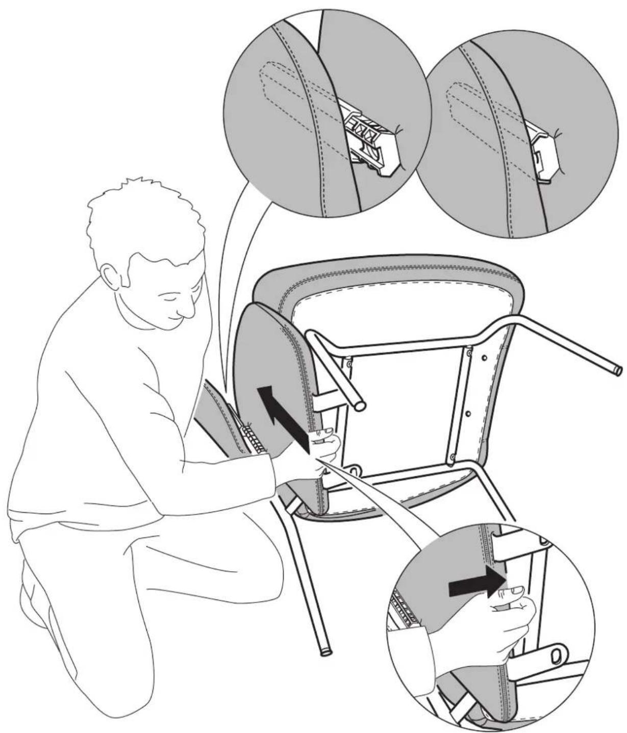 Illustration showing a person adjusting a seatbelt device with magnified insets highlighting the component being held.