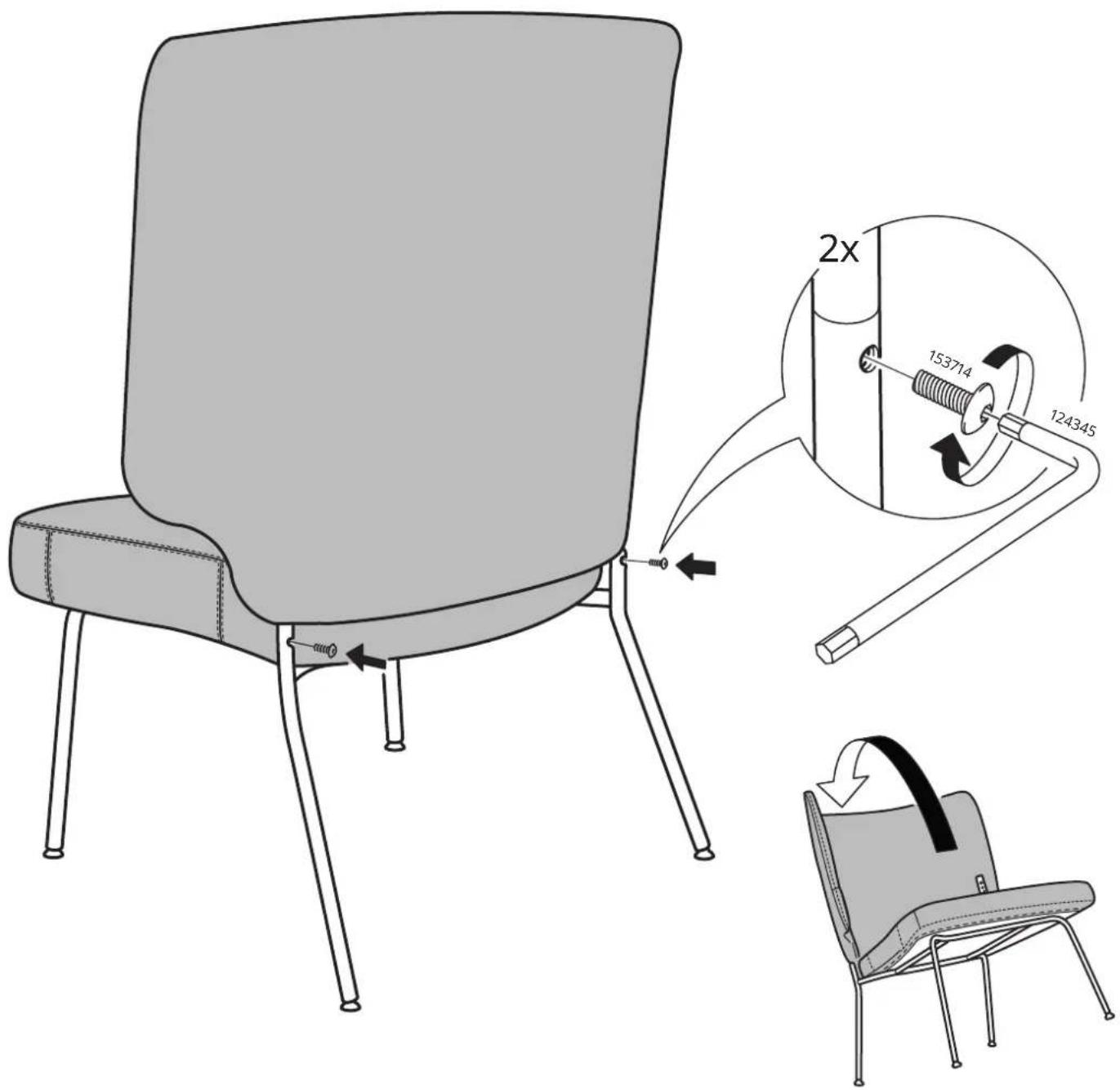 Technical diagram showing a chair with labeled parts and a magnified inset illustrating mechanical assembly steps.