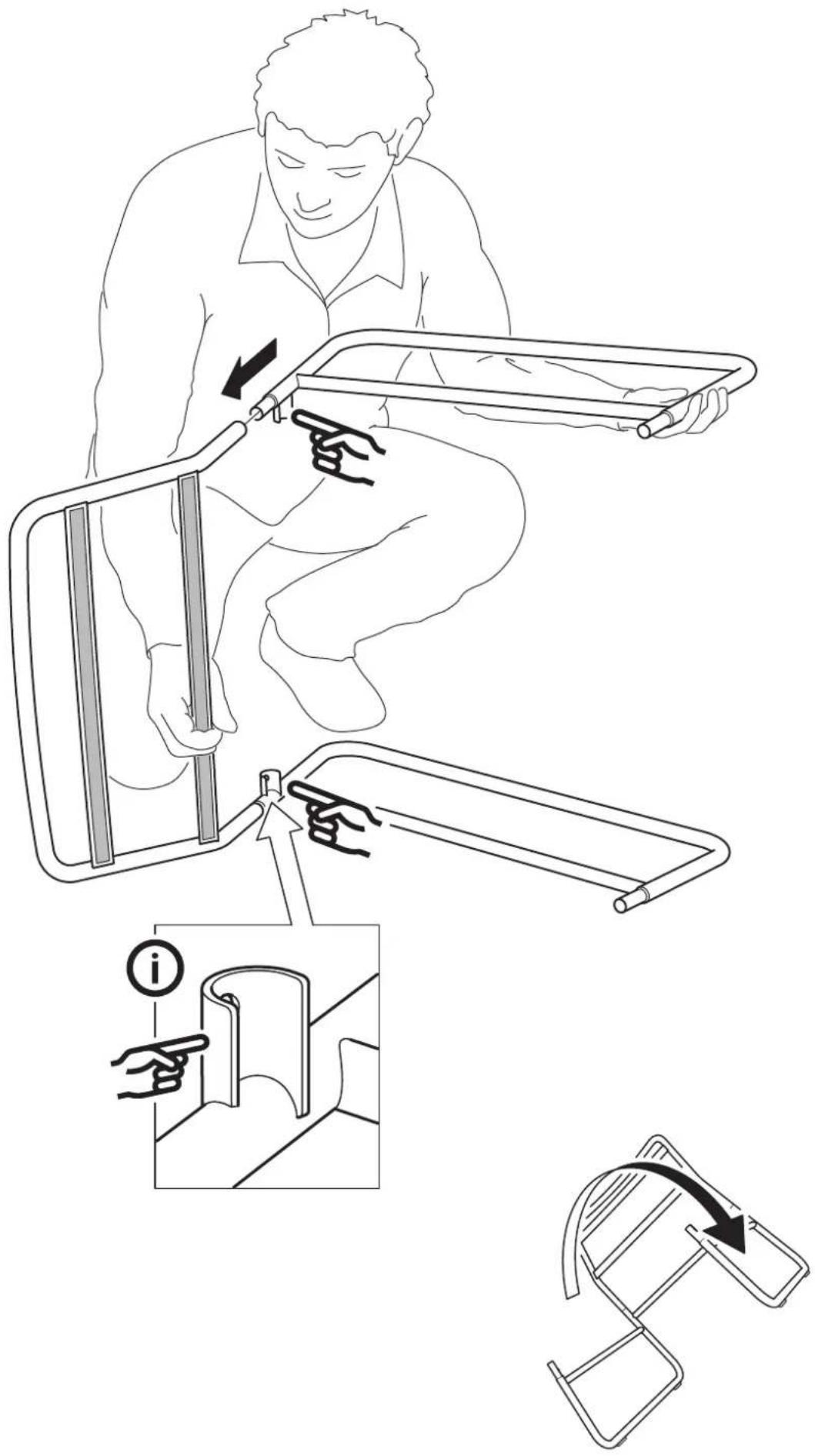 Diagram illustrating a person using a folding tool to adjust the panel, with an inset showing hand positioning and a directional arrow indicating rotation.