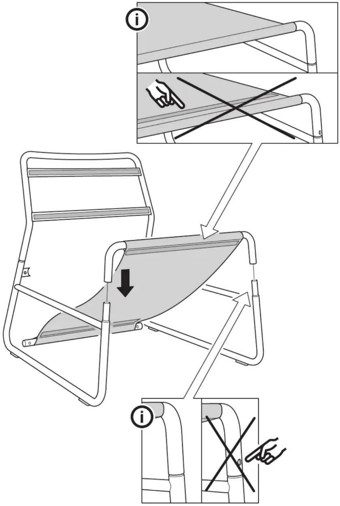 Diagram illustrating folding and retraction steps of a folding chair, with labeled instructions and directional arrows.