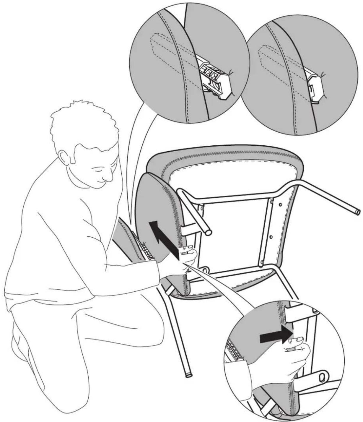 Illustration showing a person adjusting seatbelt from a chair, with magnified insets highlighting the mechanism.