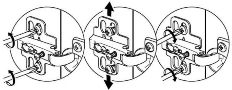 Three circular diagrams showing mechanical assembly steps with arrows indicating direction (no text or symbols)