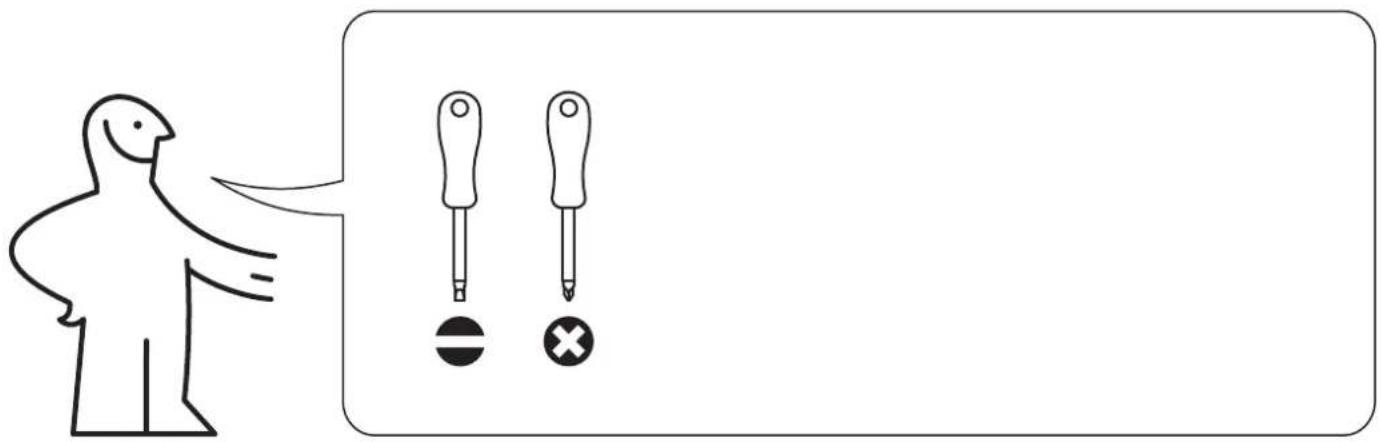 Diagram showing a person pointing to two screwdriver tips with a minus sign and a circle, likely illustrating a visual or instructional concept.