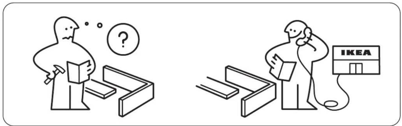 Illustration comparing two scenes: one showing a person with a hammer and question mark, the other showing a person holding a package labeled 'IKEA' with a phone.