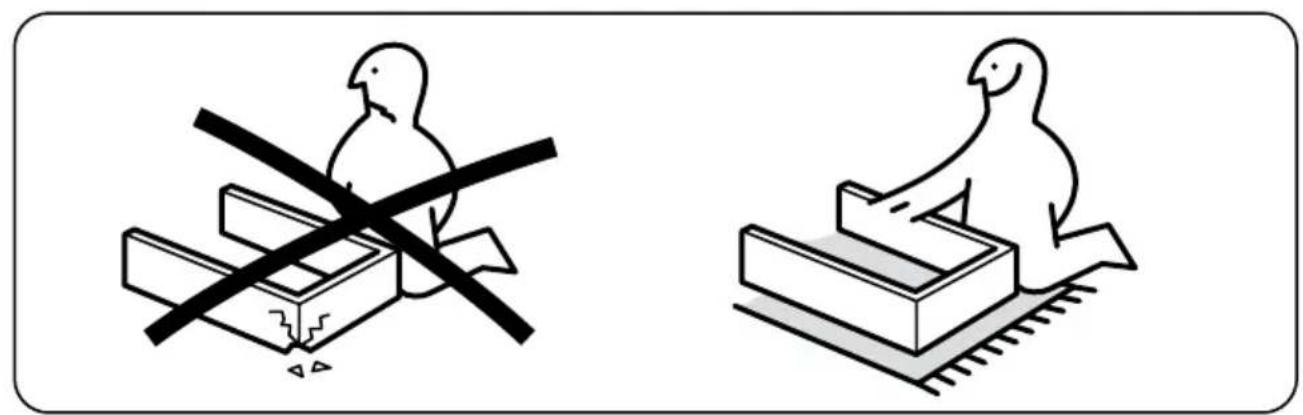 Two illustrations of birds on different platforms: one with a cross symbol and the other with a bird, both without any text or symbols.