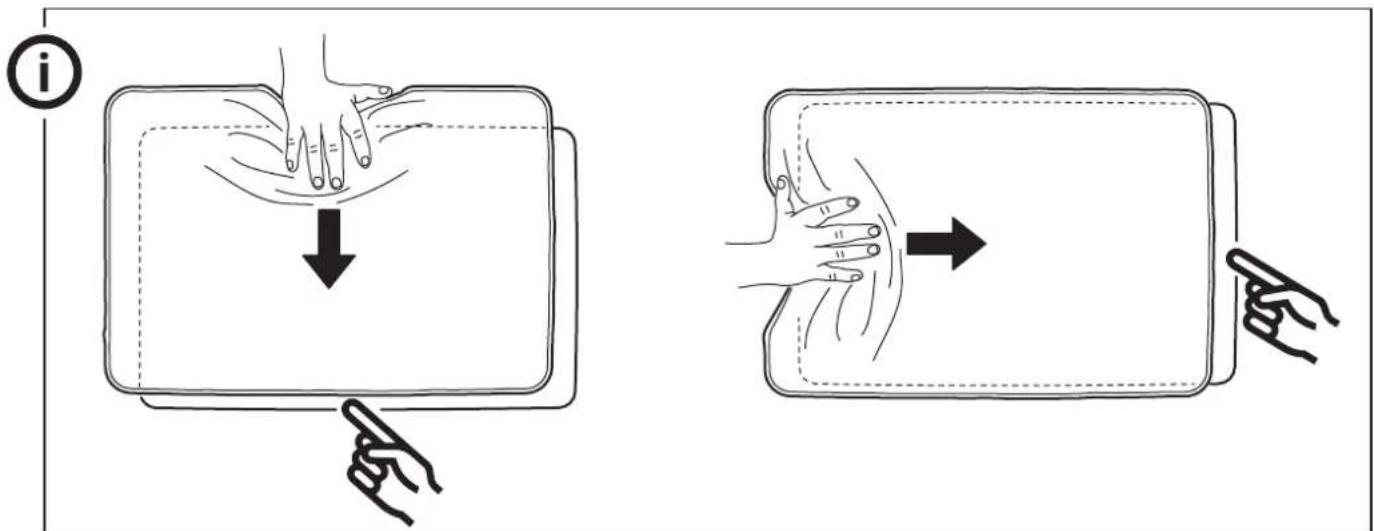 Illustration showing two hand gestures demonstrating a physical maneuver, with one pointing downward and the other rightward.