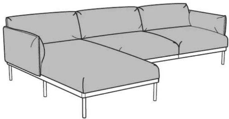 Line drawing of a gray sectional sofa with visible ribs and side panels (no text or symbols)