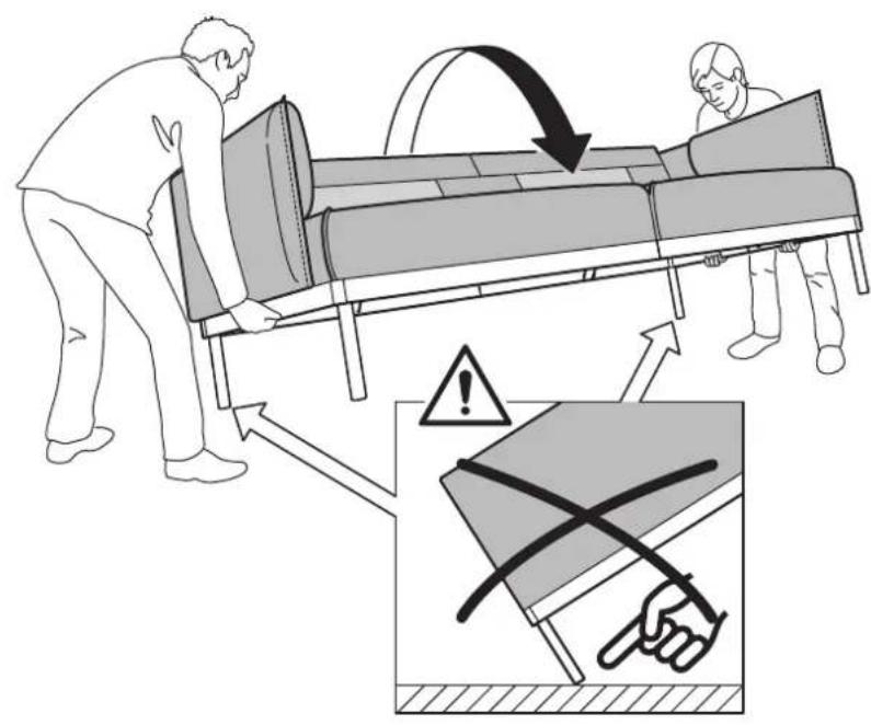 Diagram illustrating a procedure involving a patient undergoing a medical procedure with an instructional warning and safety symbols.