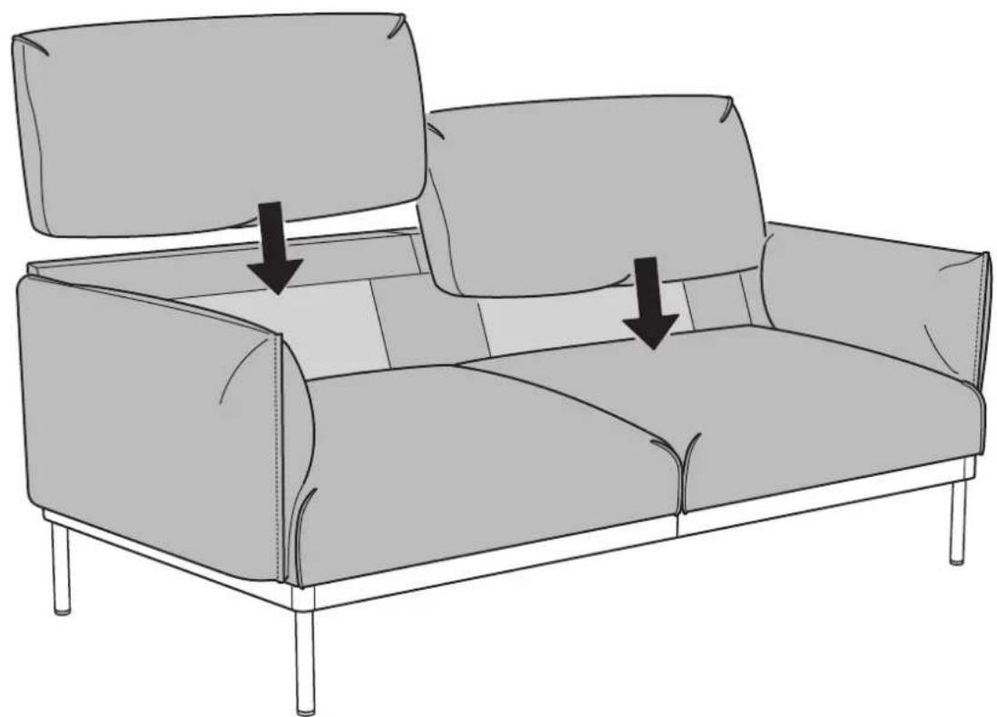 Line drawing of a two-seater sofa with two covers and two pillows, showing seat positioning and fabric texture (no text or symbols)