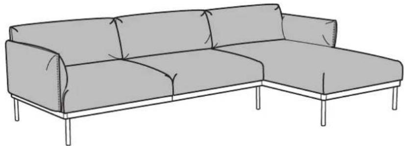 Line drawing of a gray sectional sofa with four legs and one armrest, no text or symbols present
