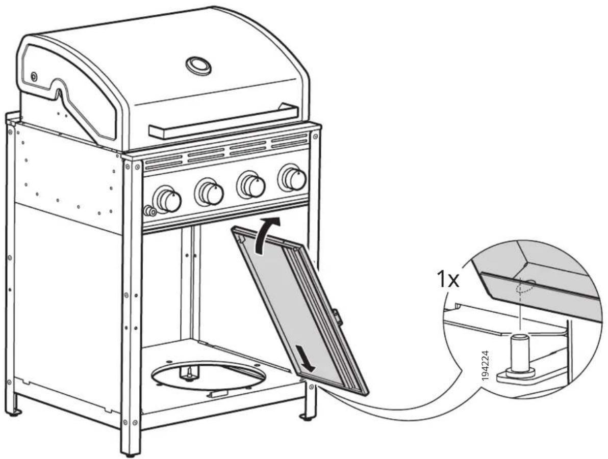 Technical diagram of a portable gas stove with labeled components and a magnified inset showing a 1x ratio adjustment.