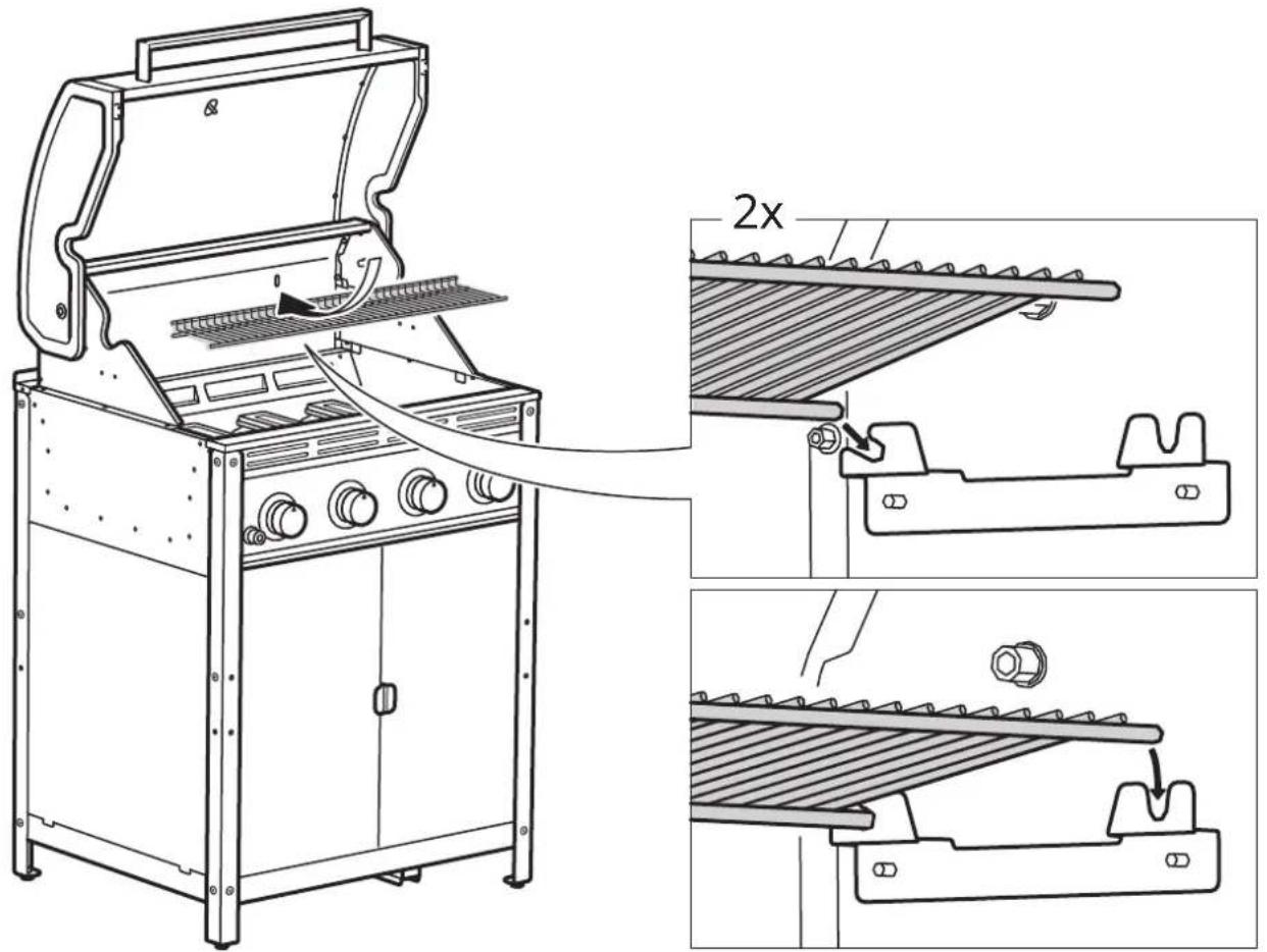 Technical diagram of a gas stove with labeled components and 2x magnified views showing internal structure details.