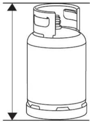 Line drawing of a cylindrical gas cylinder with a vertical dimension line (no text or symbols)