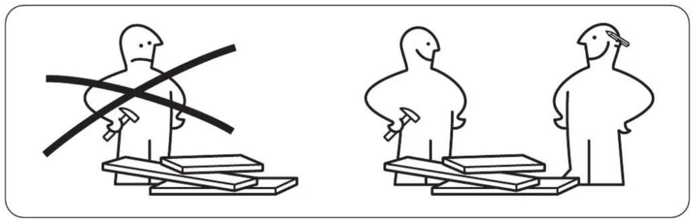 Two stylized human figures standing on wooden blocks, one crossed with a hammer and the other holding a hammer (no text or symbols present)