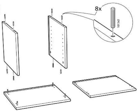Technical diagram showing assembly steps of a rectangular panel with 8x magnified detail and dimension annotation