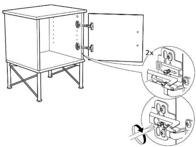 Technical diagram showing a cabinet with attached door and two zoomed-in insets illustrating mechanical components.