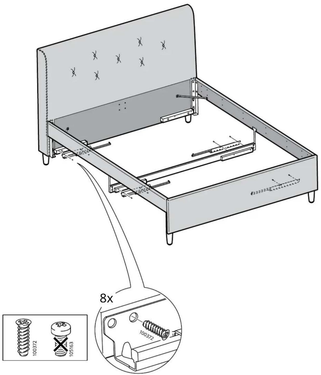 Technical diagram of a bed with internal components and 8x magnified view, showing screw and spring assembly details.
