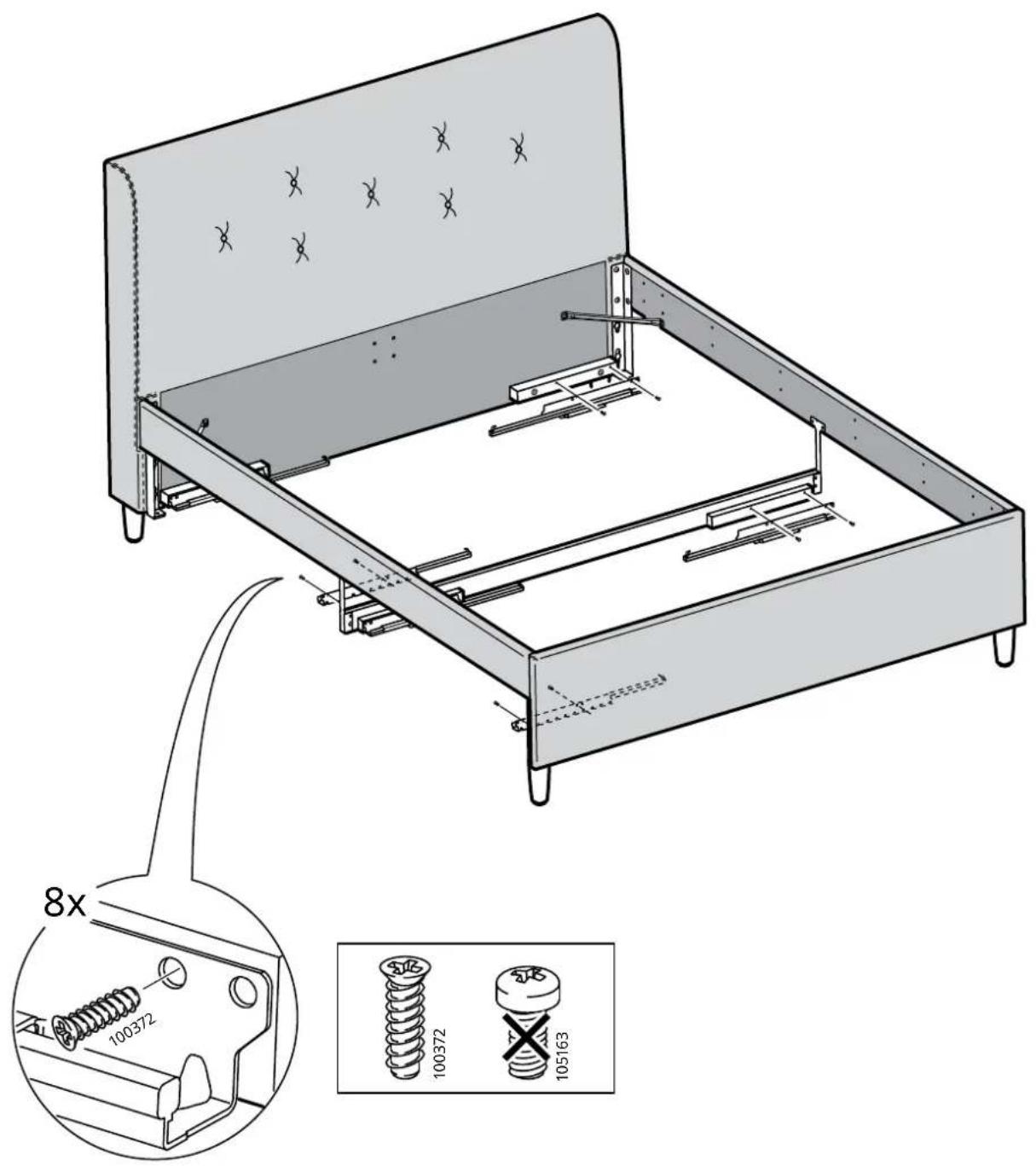 Technical diagram of a bed frame assembly with labeled components and 8x magnified detail view