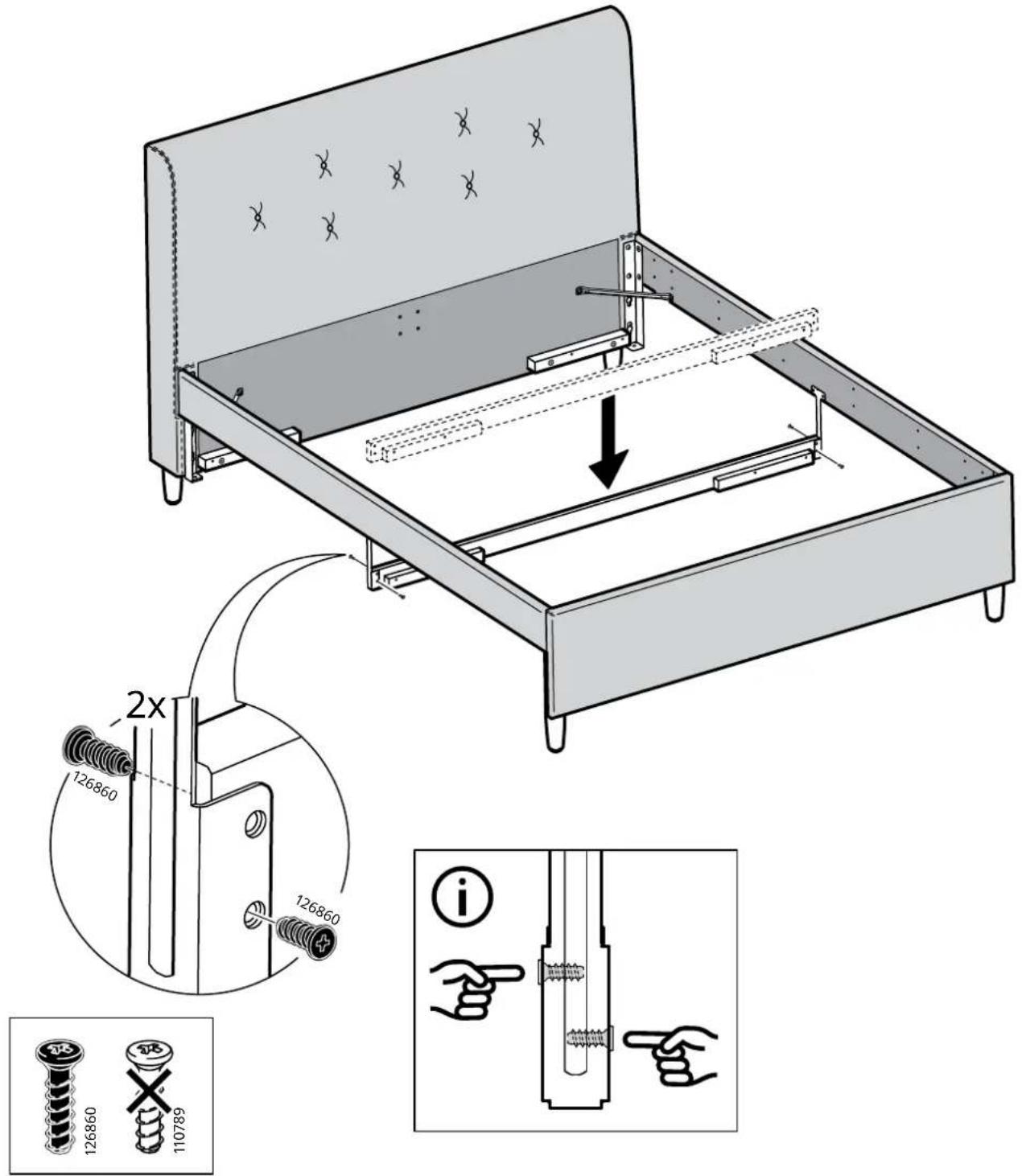 Technical diagram of a bed assembly with screw fasteners and component details, including magnified views and instructional labels.