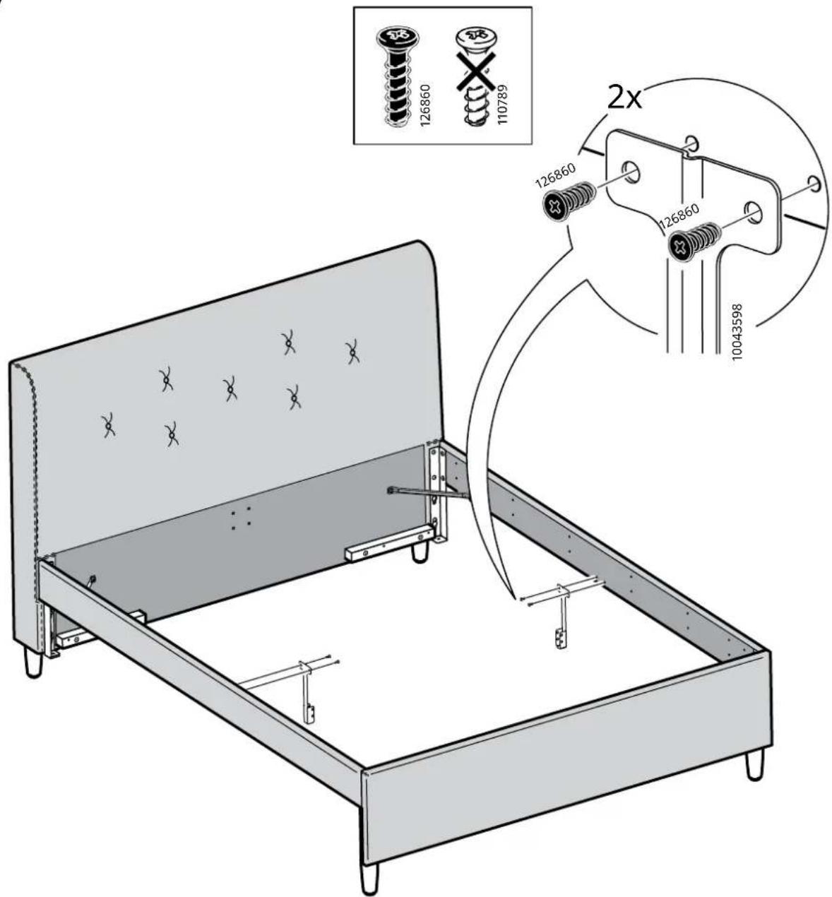 Technical diagram of a bed with screw fasteners and a 2x ratio device, showing component layout and assembly details.