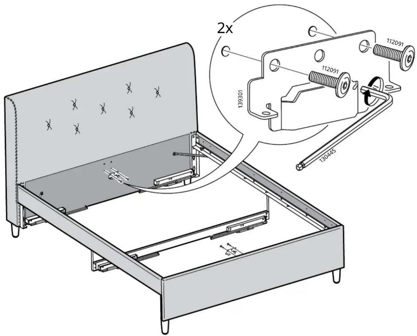 Technical diagram of a bed assembly with labeled parts and a magnified inset showing mechanical assembly details.
