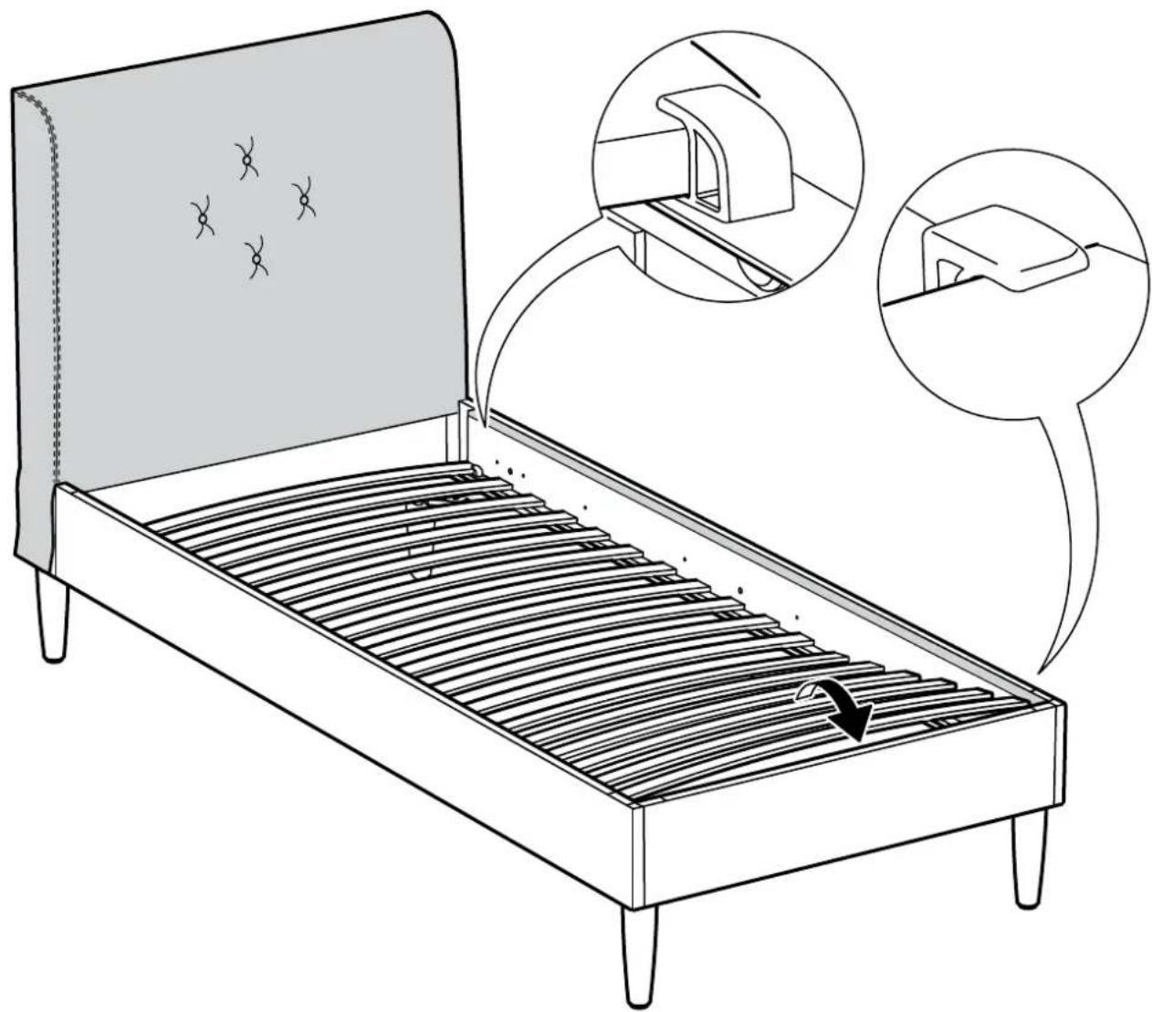 Diagram illustrating a bed with slats and a back cover, showing structural changes and component placement.