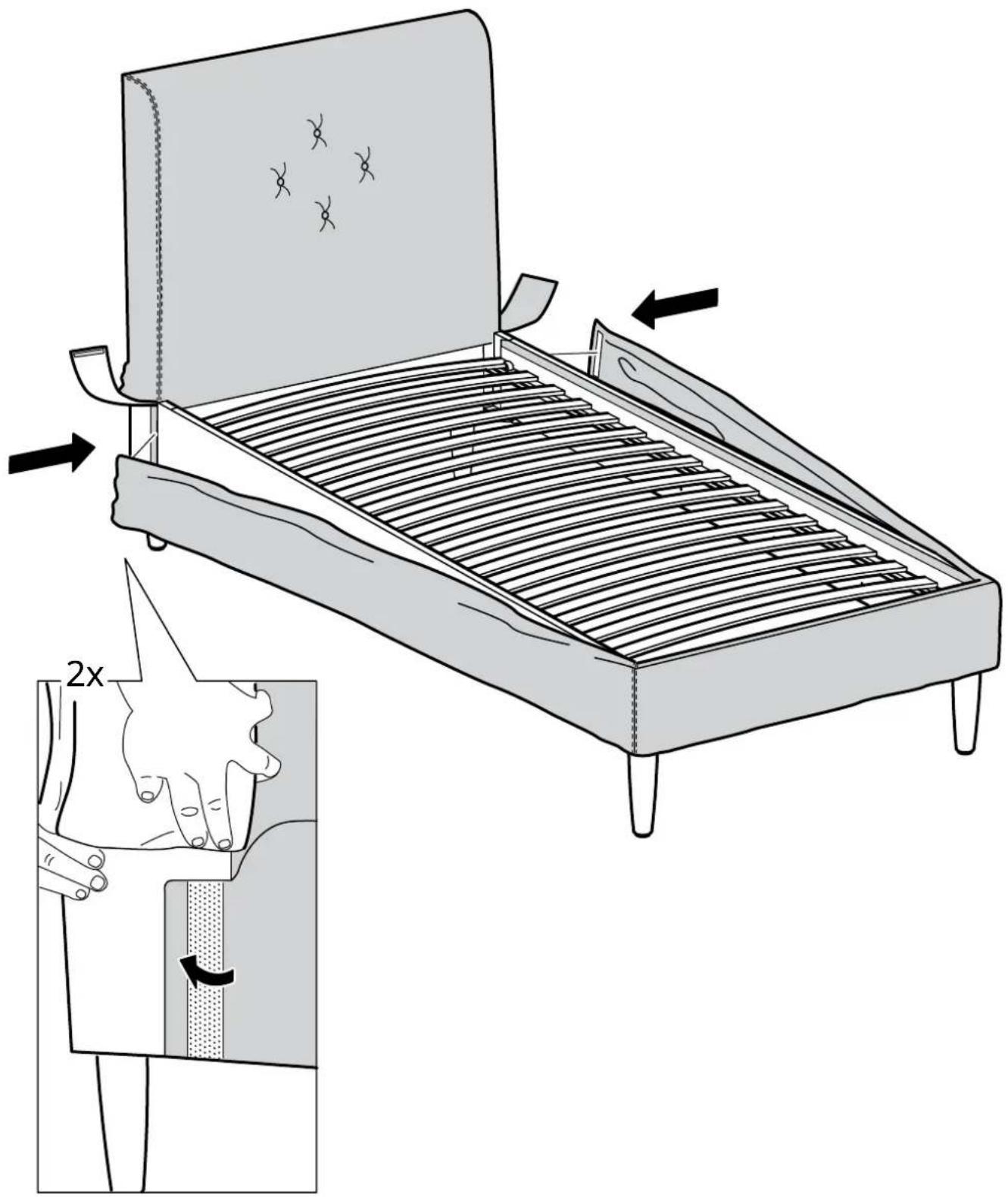 Diagram illustrating a folding or retraction process of a bed with a tray, showing structural change and 2x ratio indicator.