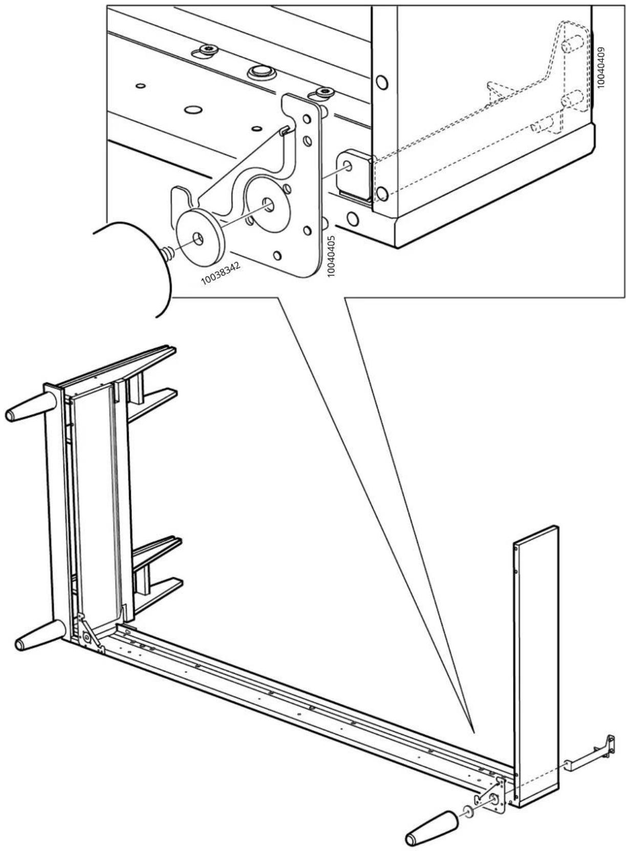 Technical drawing of a mechanical assembly with labeled parts and exploded views